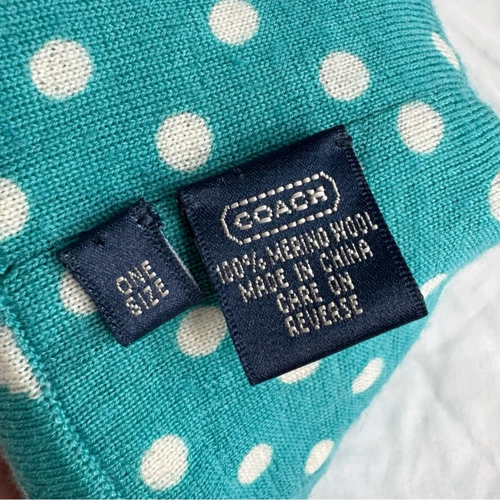 Coach Teal Turquoise Logo Beanie 100% Merino Wool Polka Dot Lining Winter Hat OS